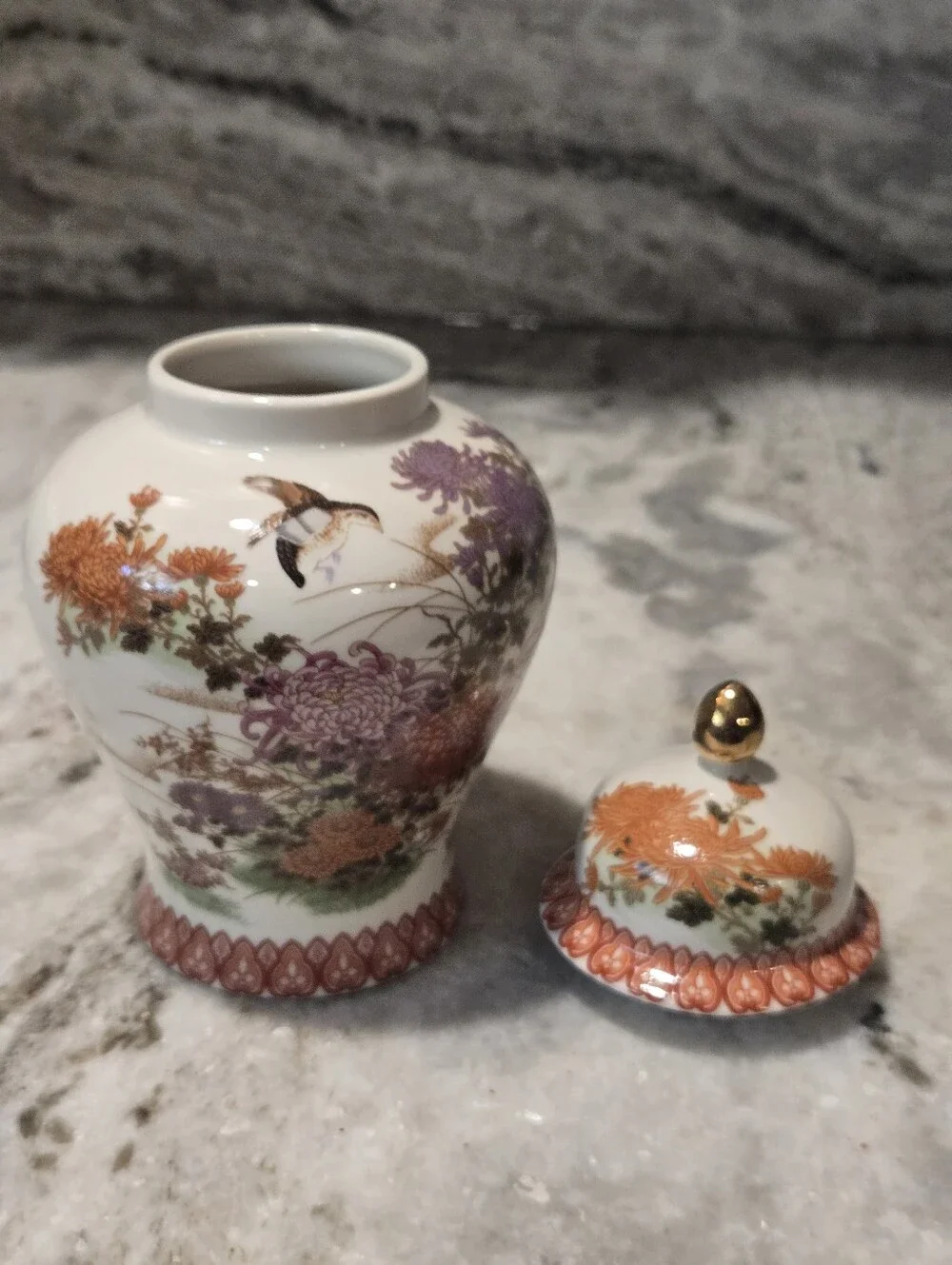 Hand-Painted Orange & Lavender Floral Ginger Jar with Gold-Tipped Lid